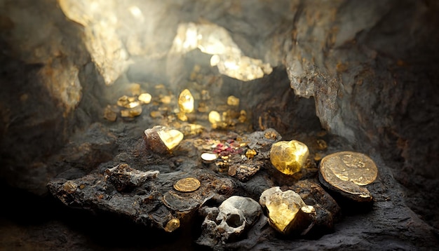 ancient treasure hidden cave gold coins nuggets gems yellow lights diamonds lying stones chest old ruby fiction concept 3d artwork raster background business advertising 76964 844.jpg