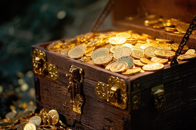 chest brimming with shiny gold coins is placed atop sturdy wooden table treasure chest filled with golden coins symbolizing wealth ai generated 538213 26823.jpg