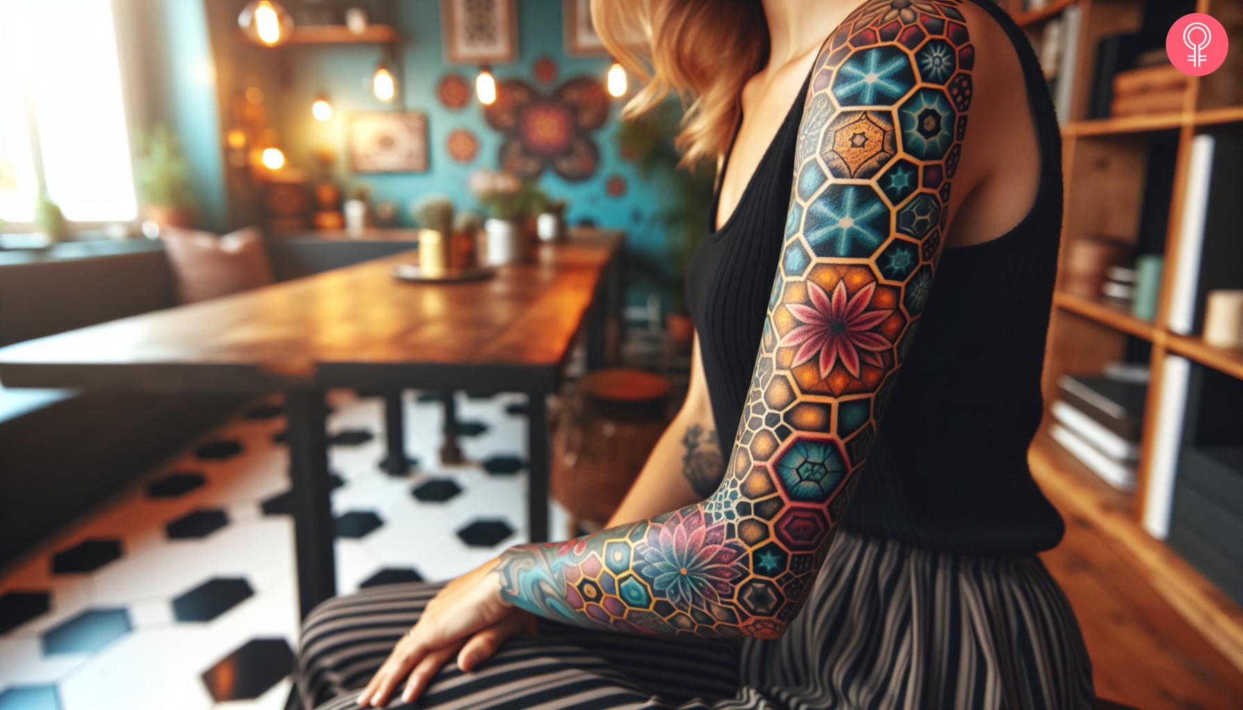A colorful and detailed hexagon tattoo sleeve.jpg