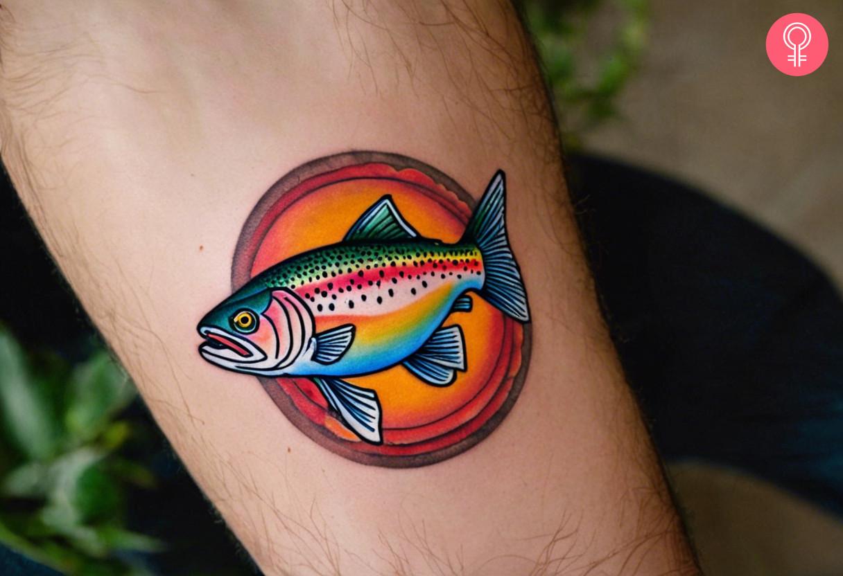 A colorful rainbow trout inked on the forearm.jpg
