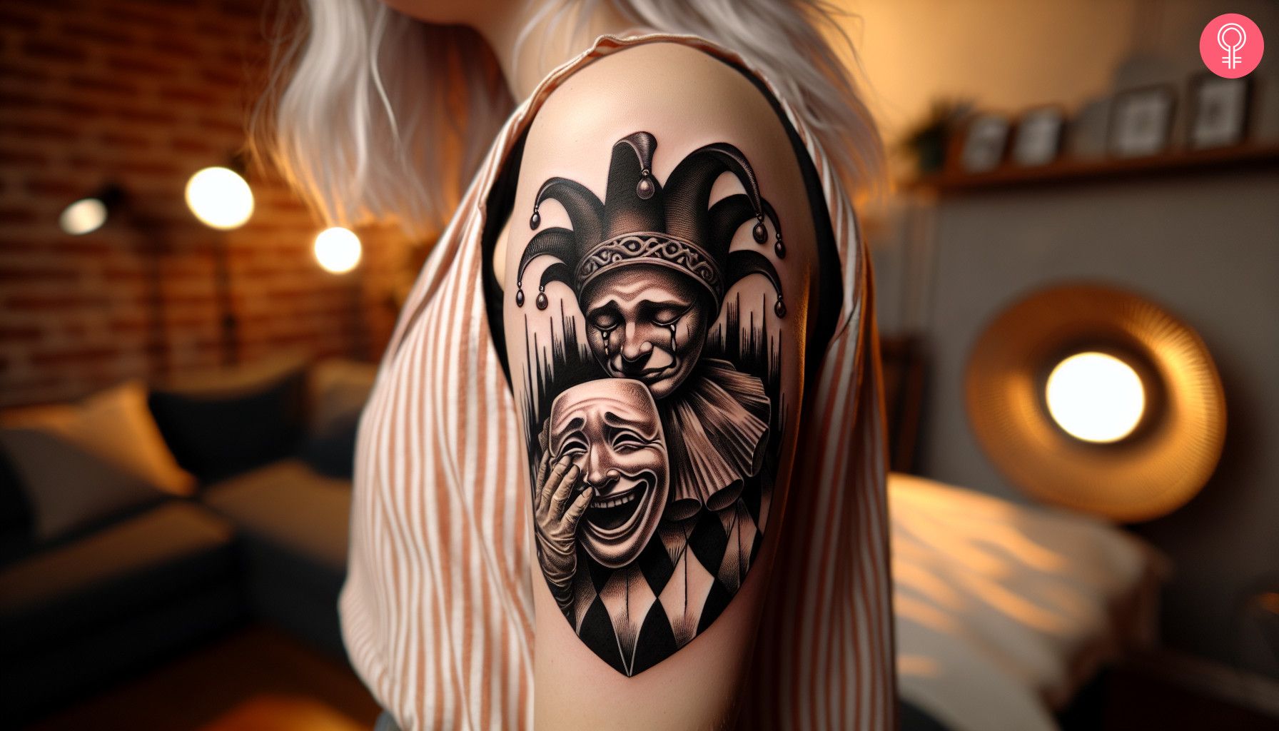 A depressed jester holding a happy faced mask tattoo on the upper arm.jpg