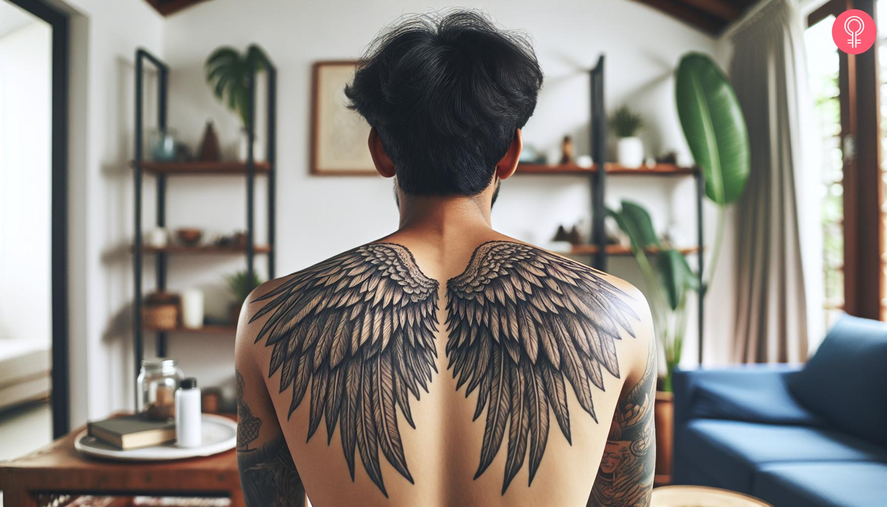 A detailed set of angel wings tattooed across the back.jpg