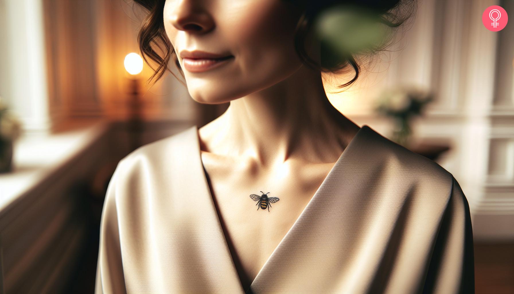 A minimalist bee tattoo near the collarbone of a woman.jpg