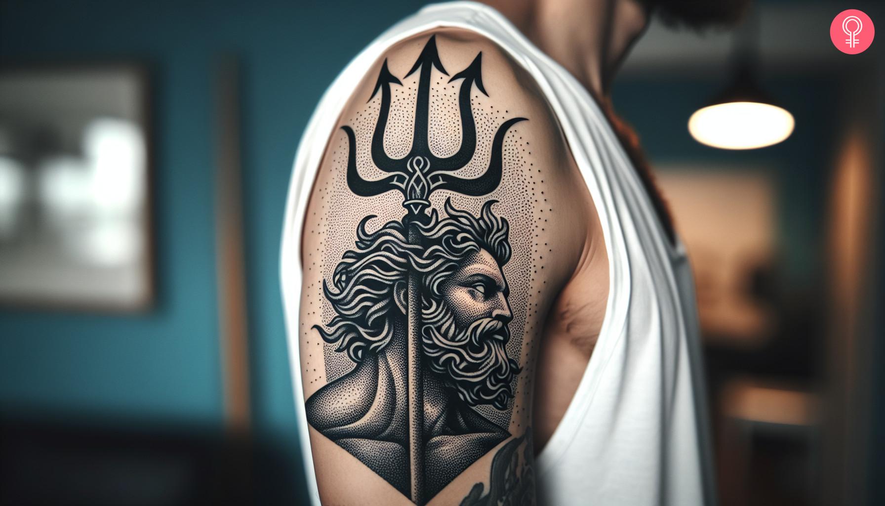 A tattoo on the upper arm of Poseidon holding his trident.jpg
