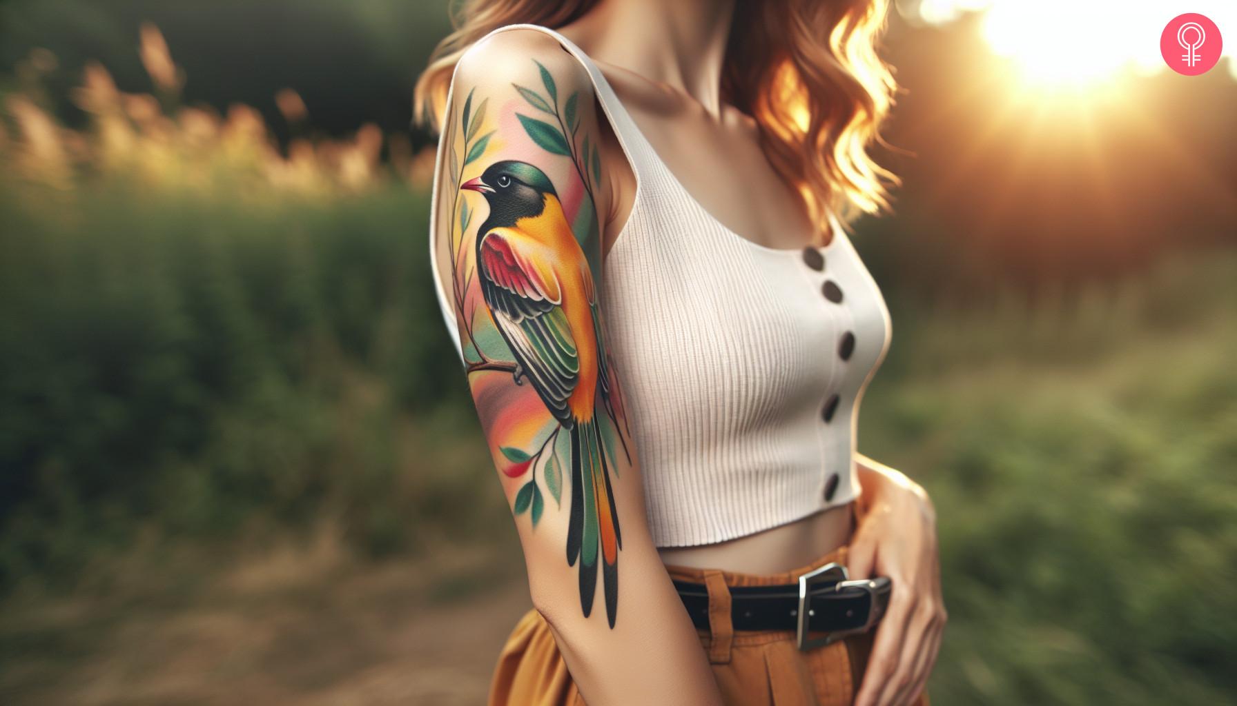 A traditional oriole tattoo sitting on a branch on the upper arm.jpg