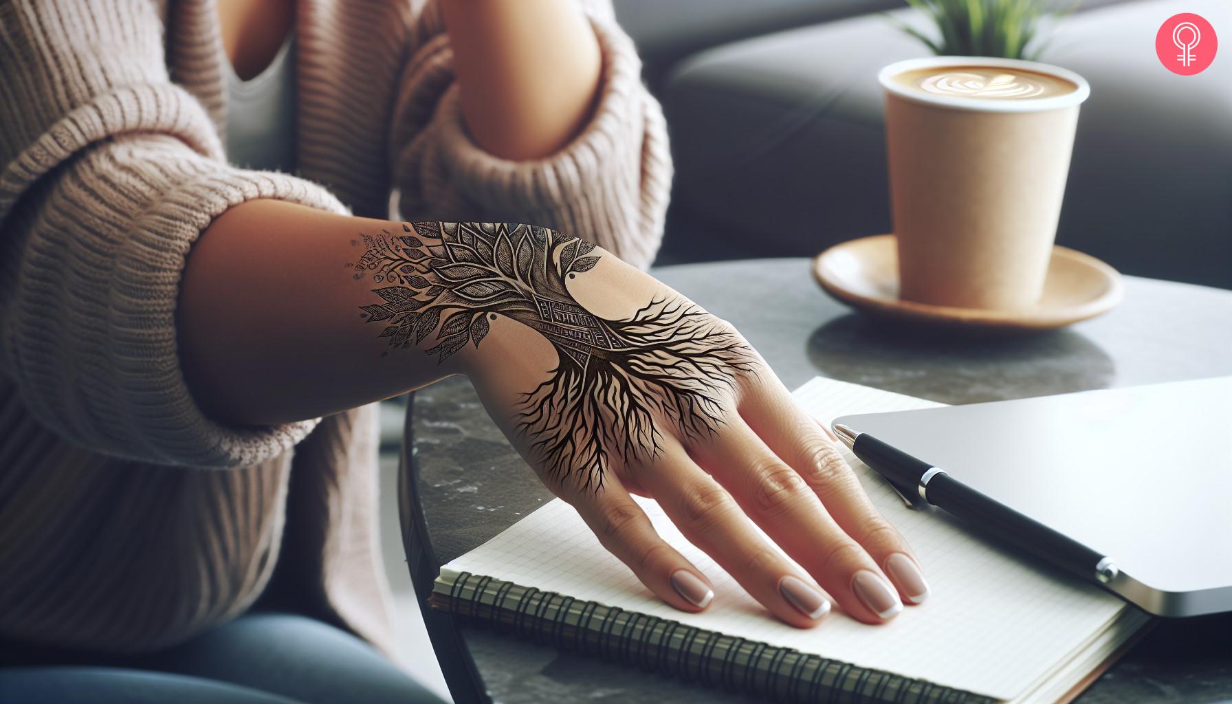 A tree roots tattoo on a womans hand.jpg