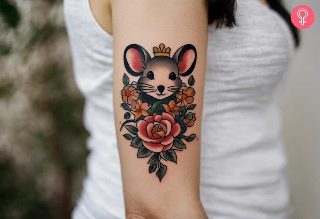 A woman wearing a traditional mouse tattoo on the upper arm.jpg