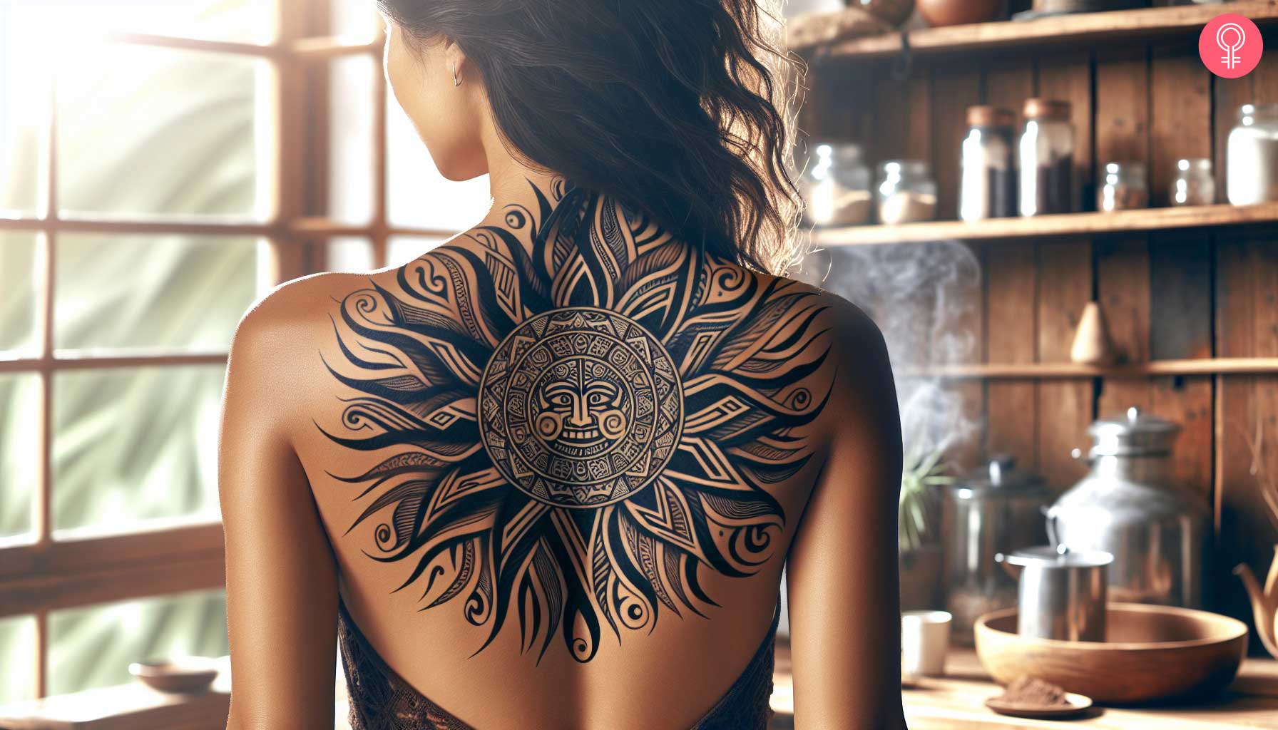 A woman wearing an Aztec tribal sun tattoo on her back.jpg