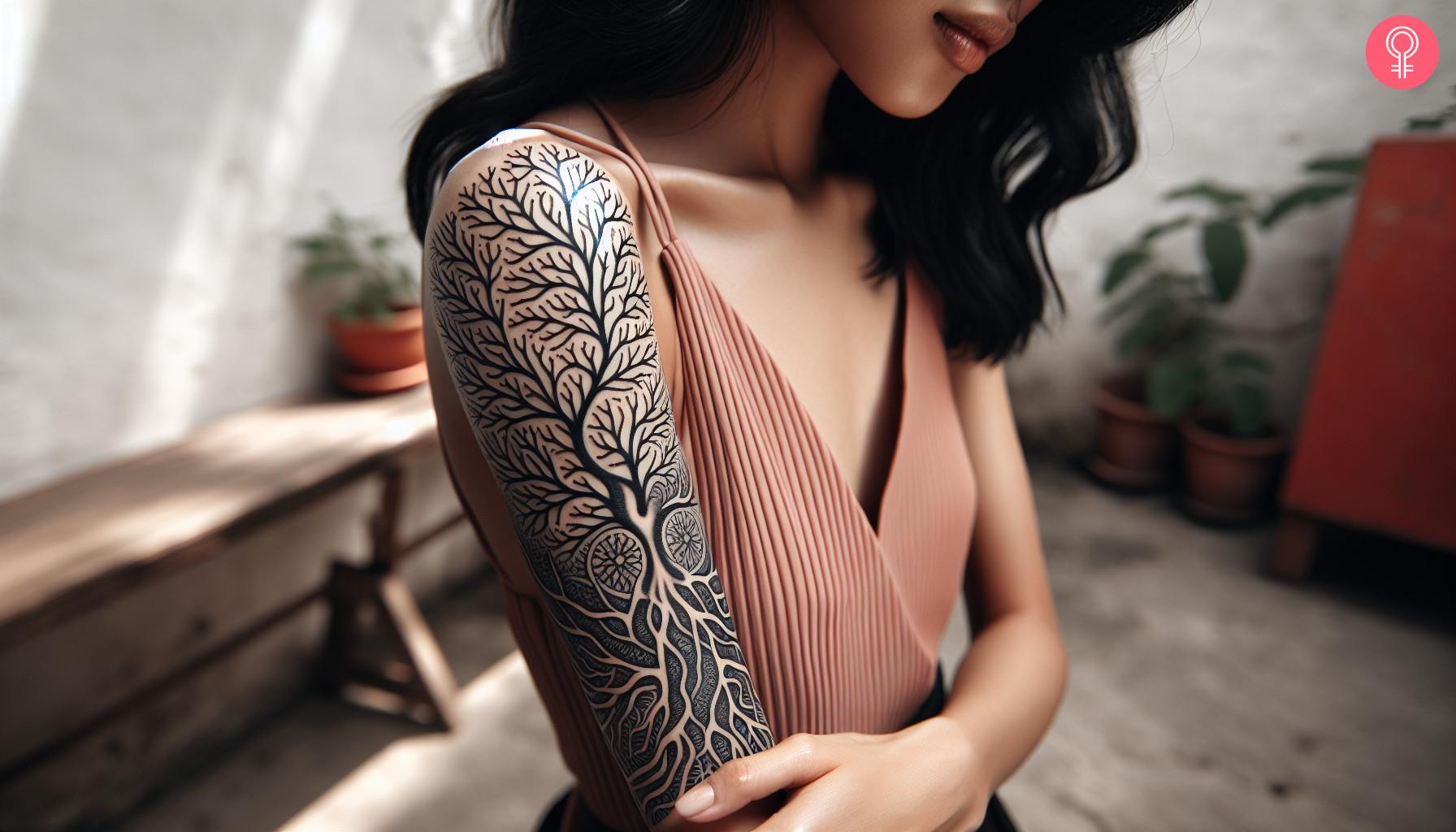 A woman with a bio organic tattoo of coral branches and roots.jpg