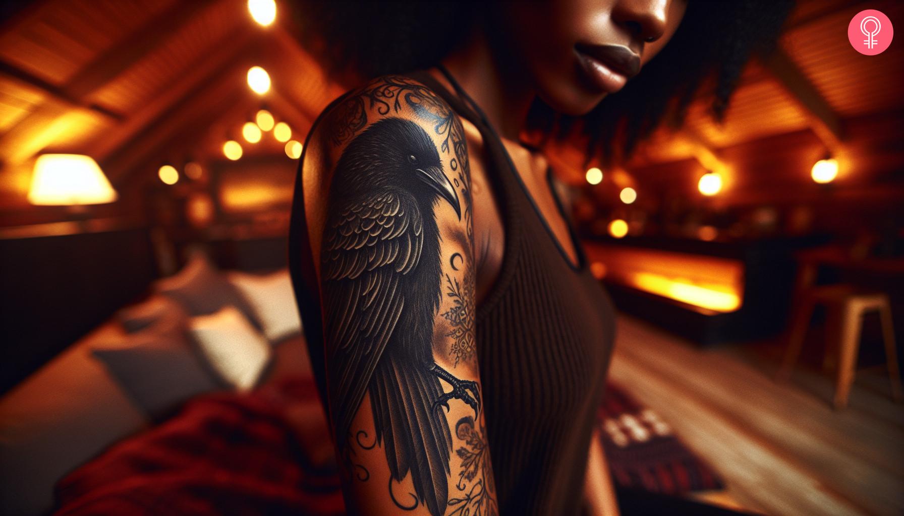 A woman with a dark tattoo of a crow on the upper arm.jpg