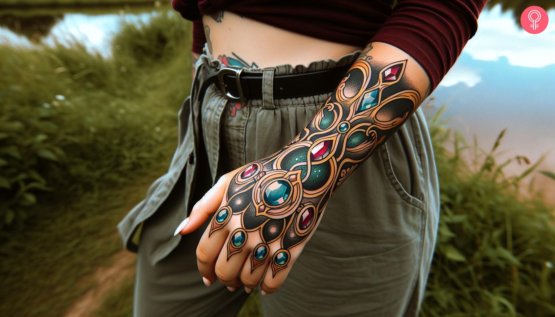 A woman with a gauntlet tattoo on her forearm.jpg