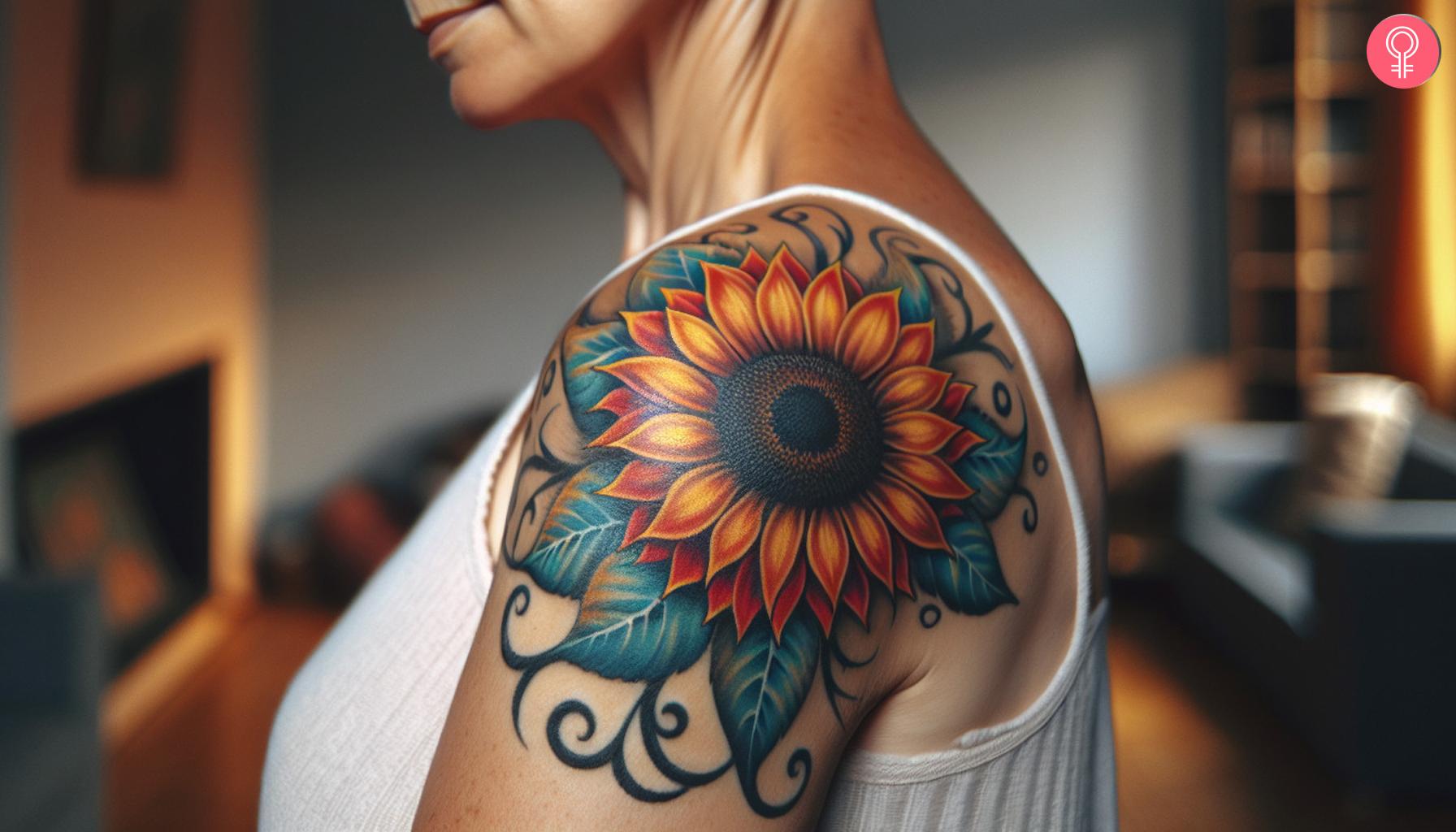 A woman with a sunflower shoulder cap tattoo.jpg