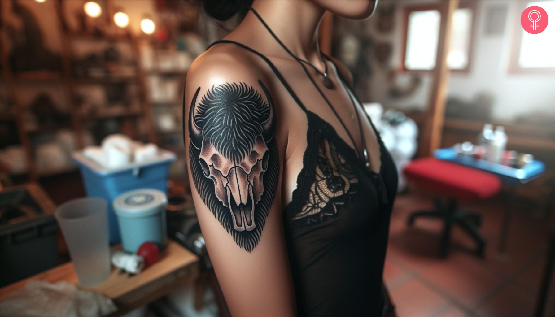 A woman with a traditional buffalo skull tattoo on her upper arm.jpg