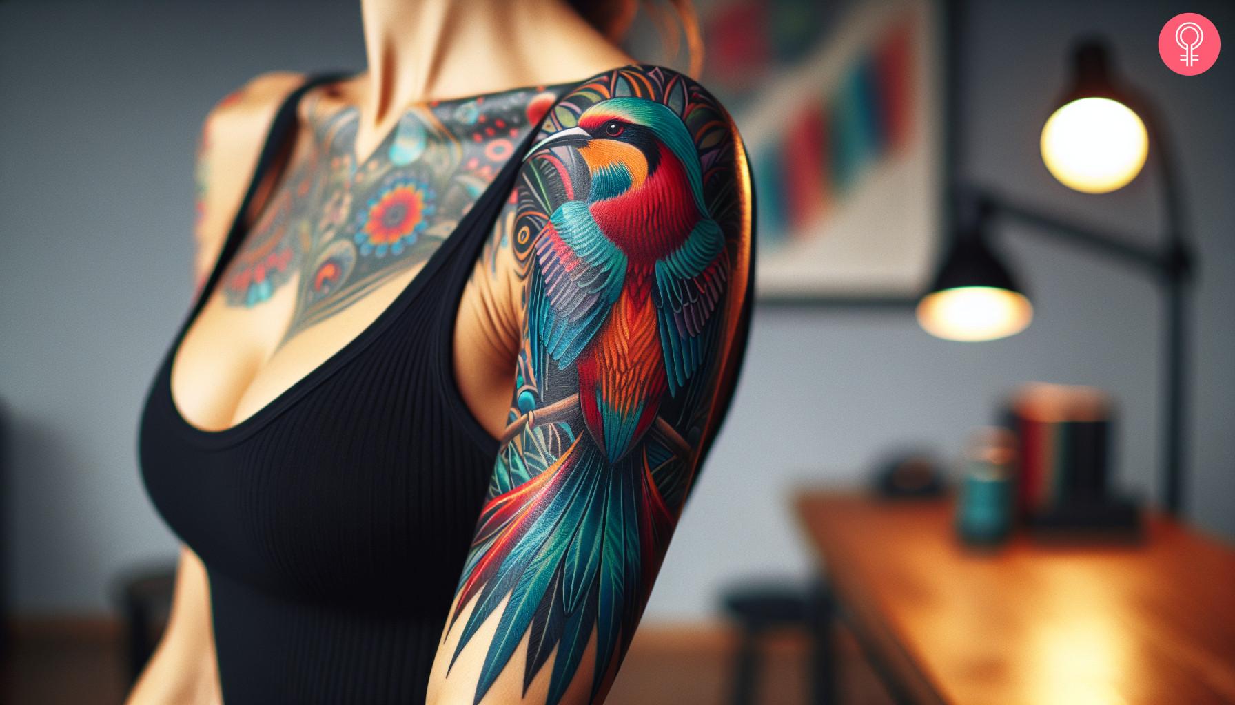 A woman with vibrant contemporary bird tattoo on her upper arm.jpg