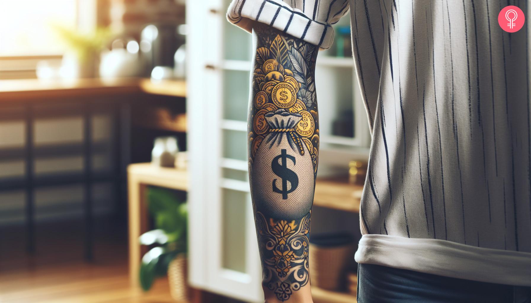 Money bag and coins tattoo on the sleeve.jpg
