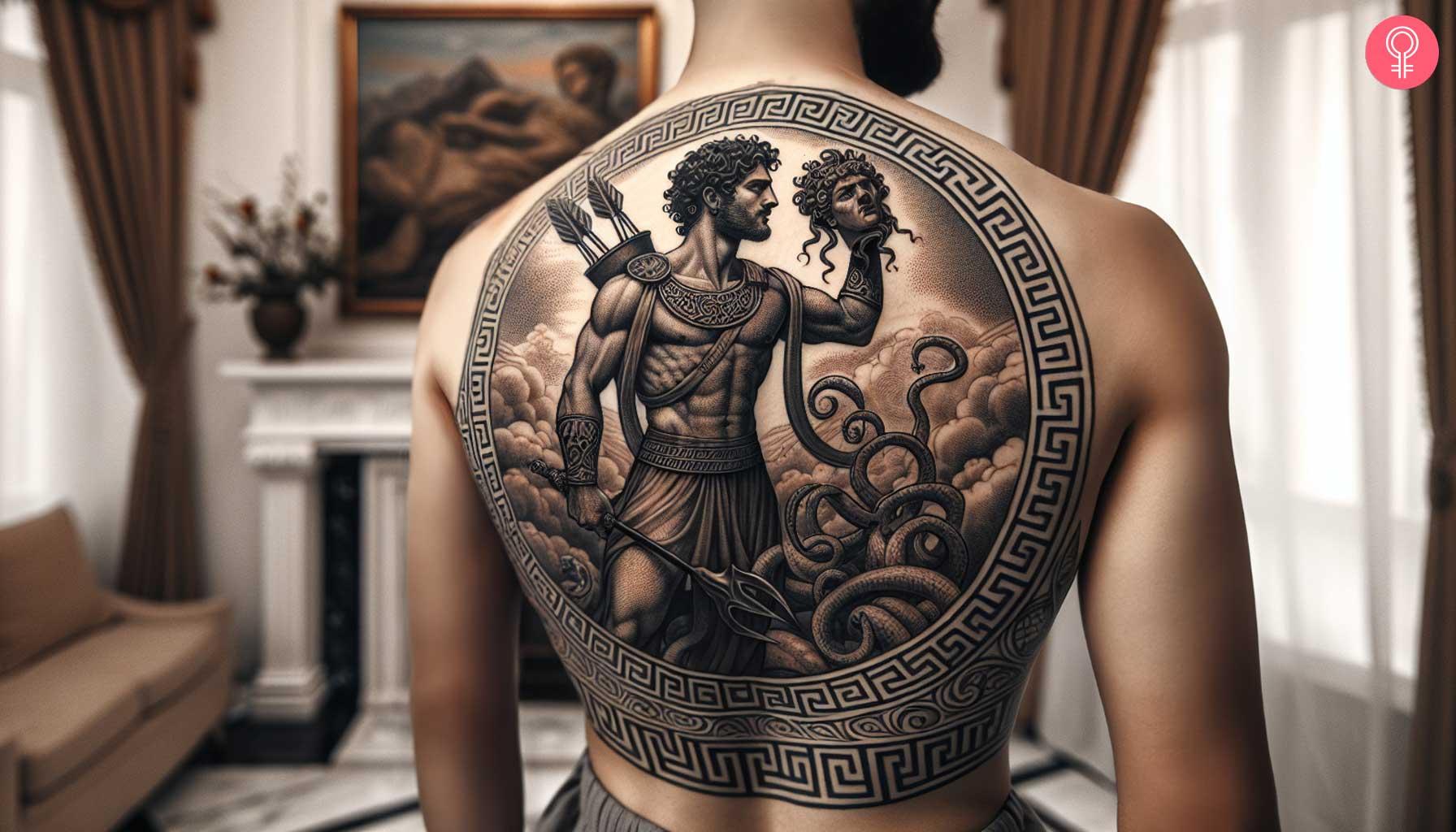 Perseus holding Medusa head tattoo on the back.jpg