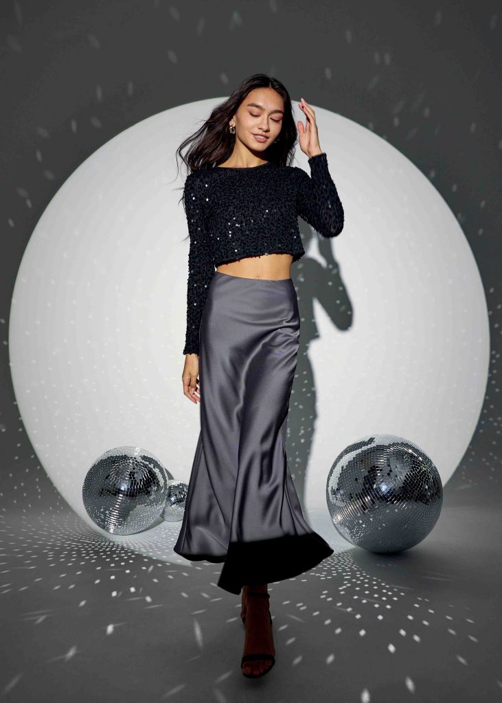Sequin Crop Long Sleeve Top and and High Waist Satin Bias Cut Maxi Skirt 731x1024.jpg
