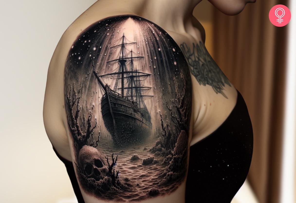 Woman with an underwater shipwreck tattoo on the upper arm.jpg
