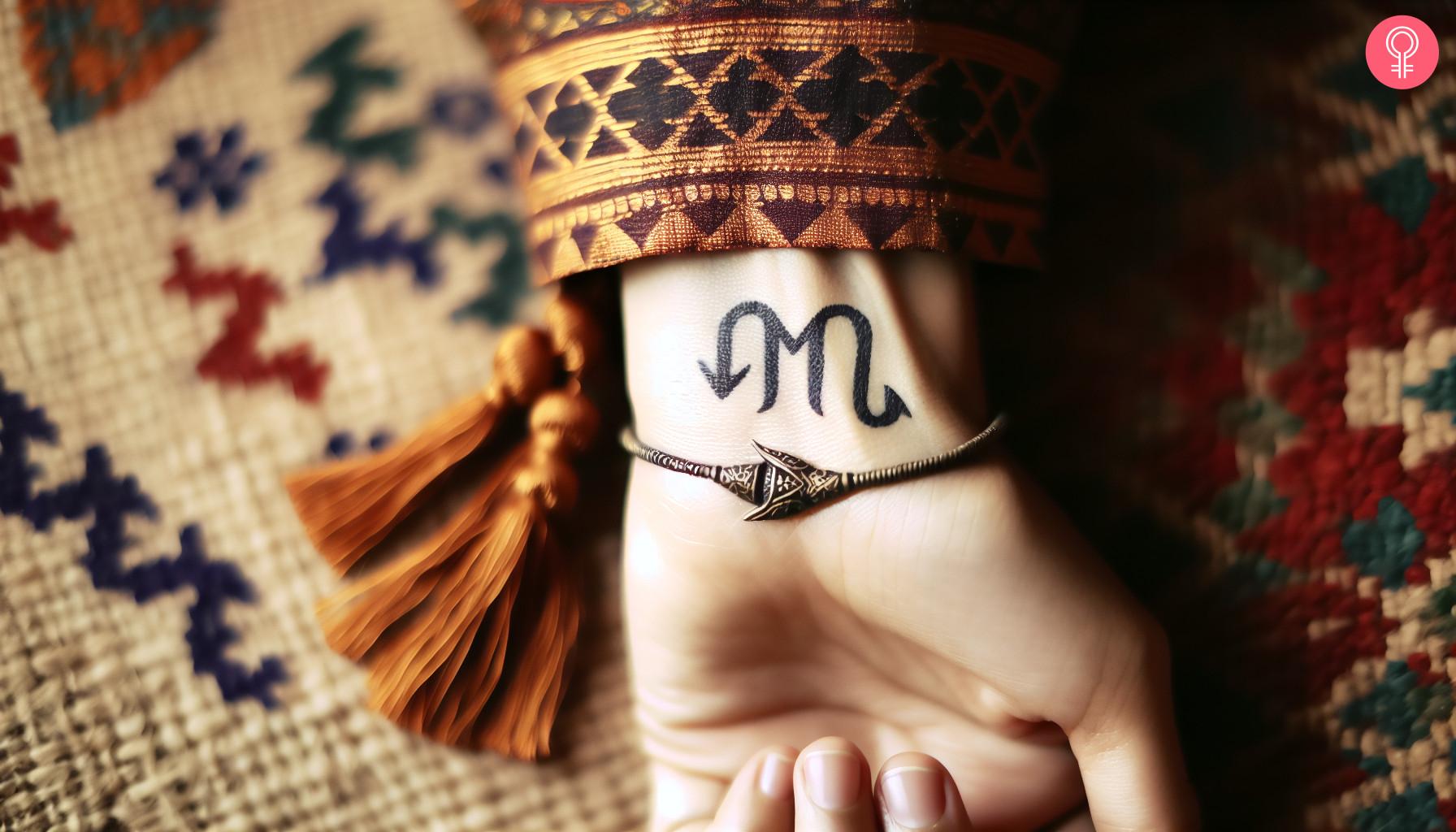 Woman with scorpio glyph tattoo on her wrist.jpg