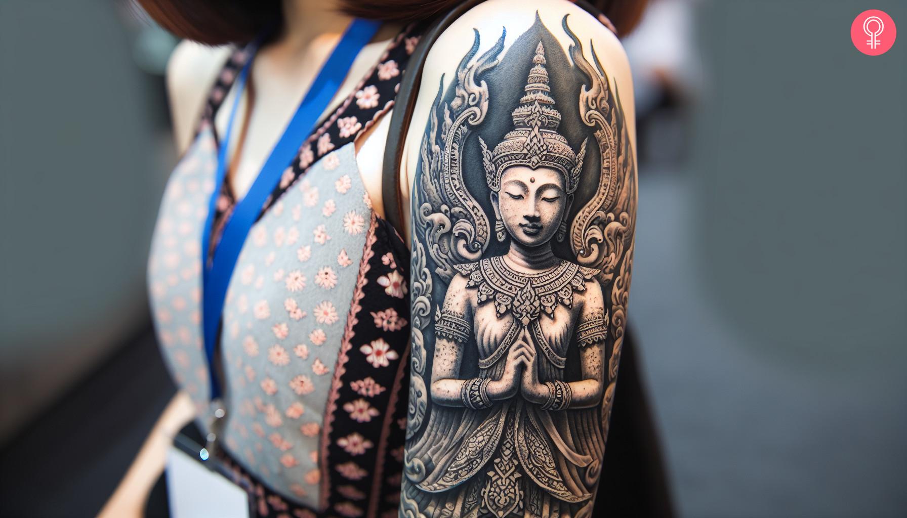 Woman with stone angle tattoo on her arm.jpg