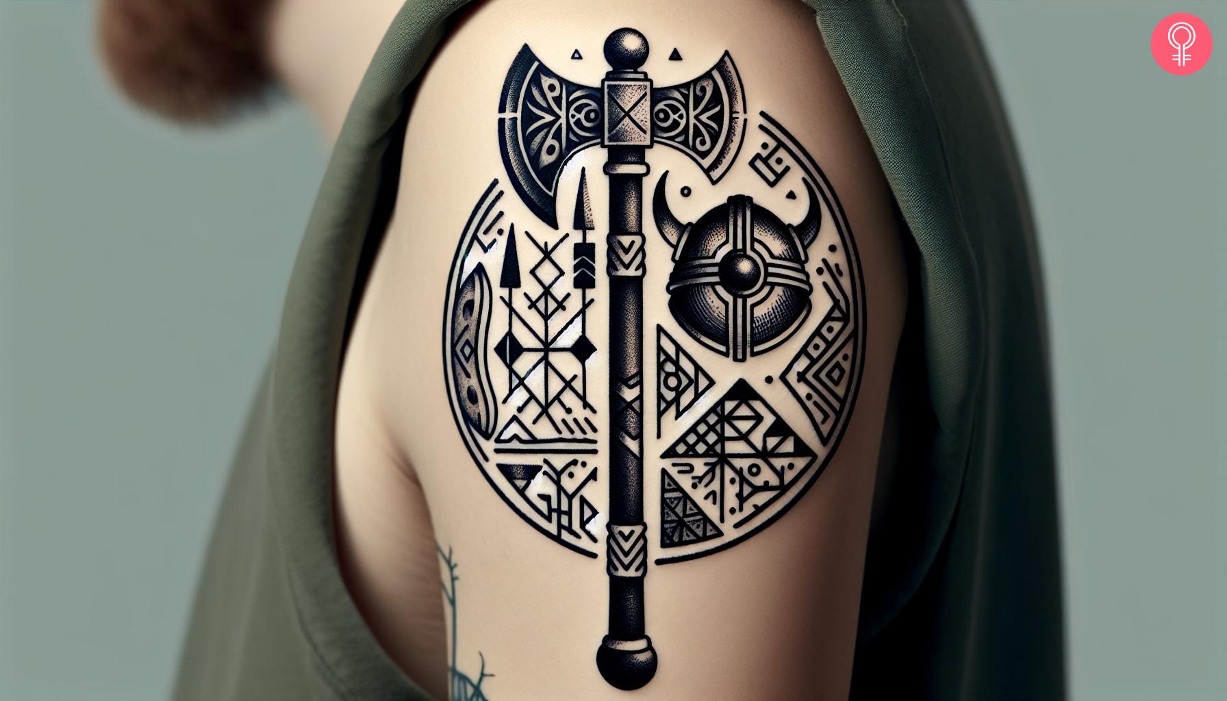 A Viking axe tattoo on a womans upper arm.jpg