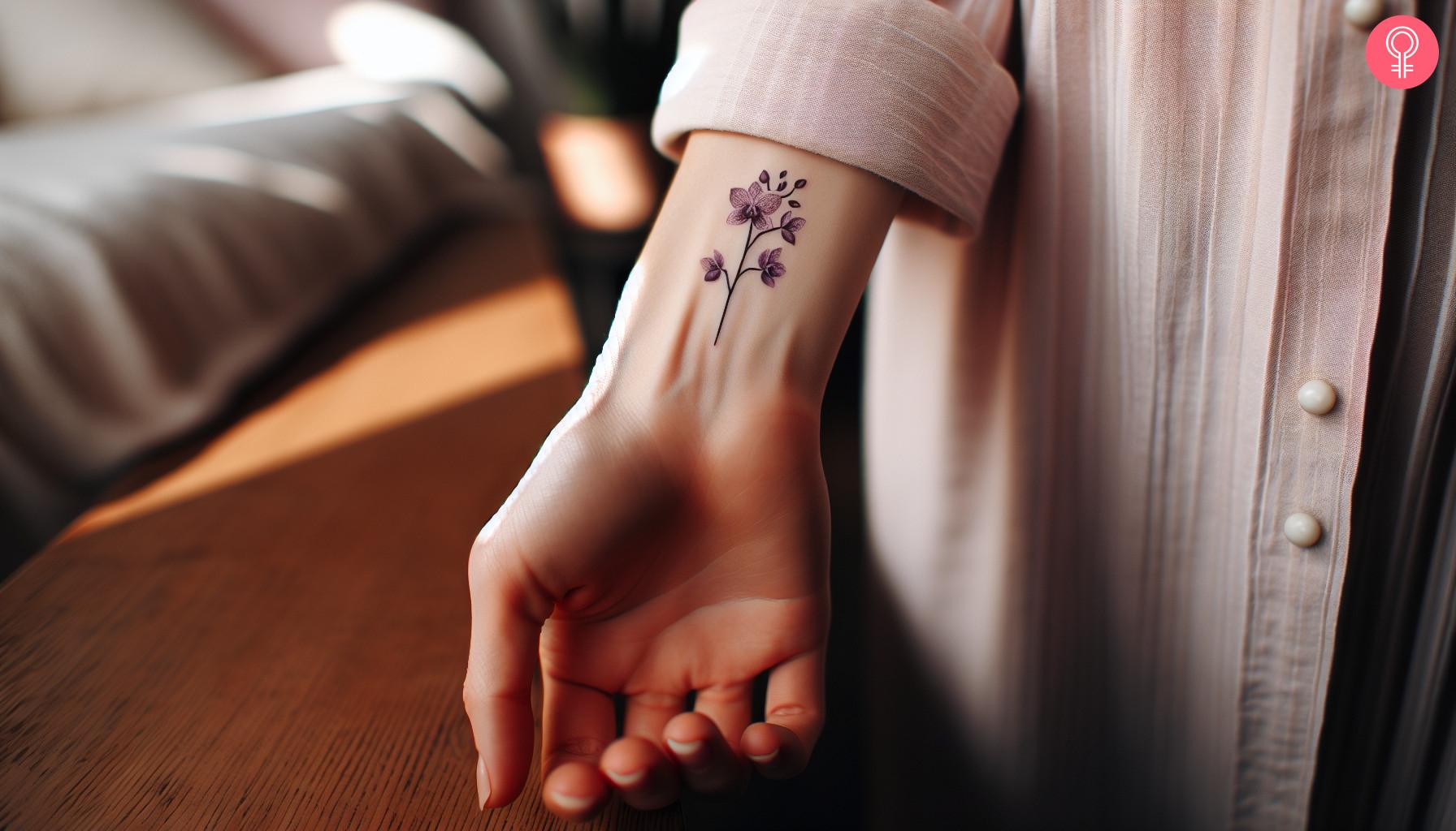 A small flower tattoo on the wrist of a woman.jpg