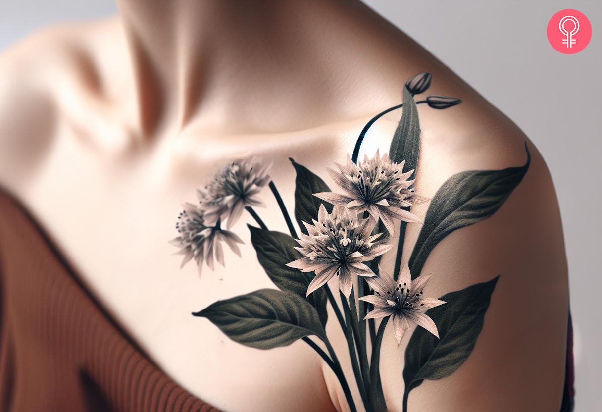 A woman with a garlic flower tattoo on her shoulder.jpg