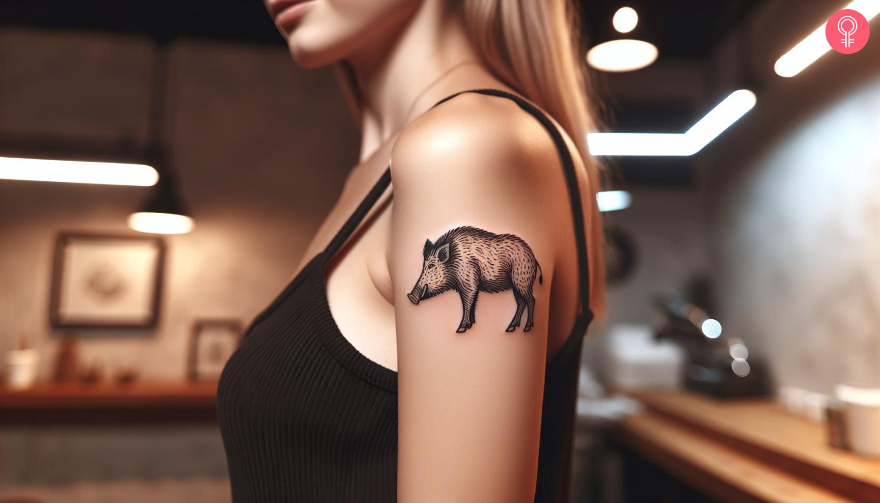 A woman with a wild boar tattoo on her arm.jpg