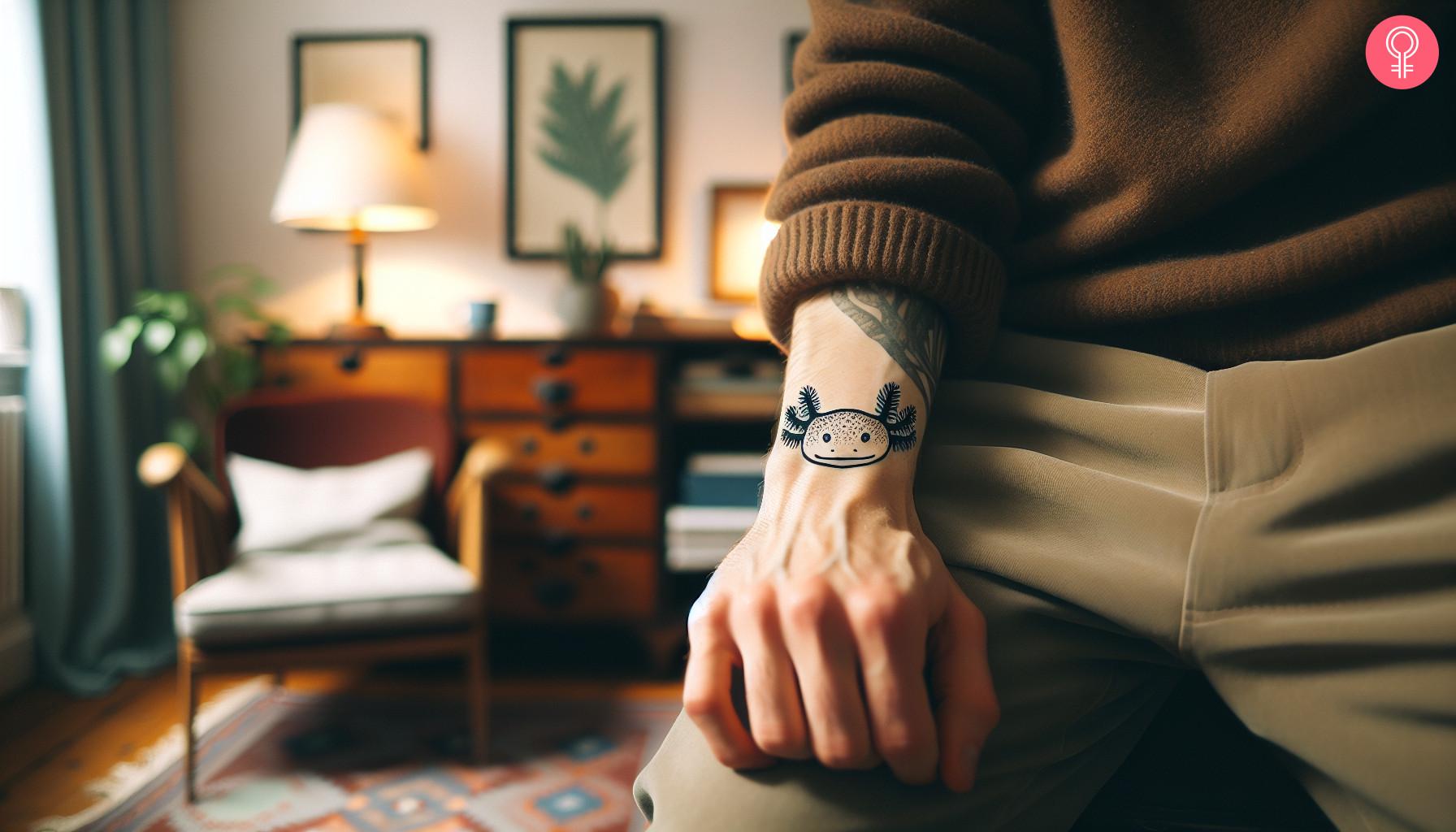 Minimalist Axolotl head tattoo on the wrist.jpg