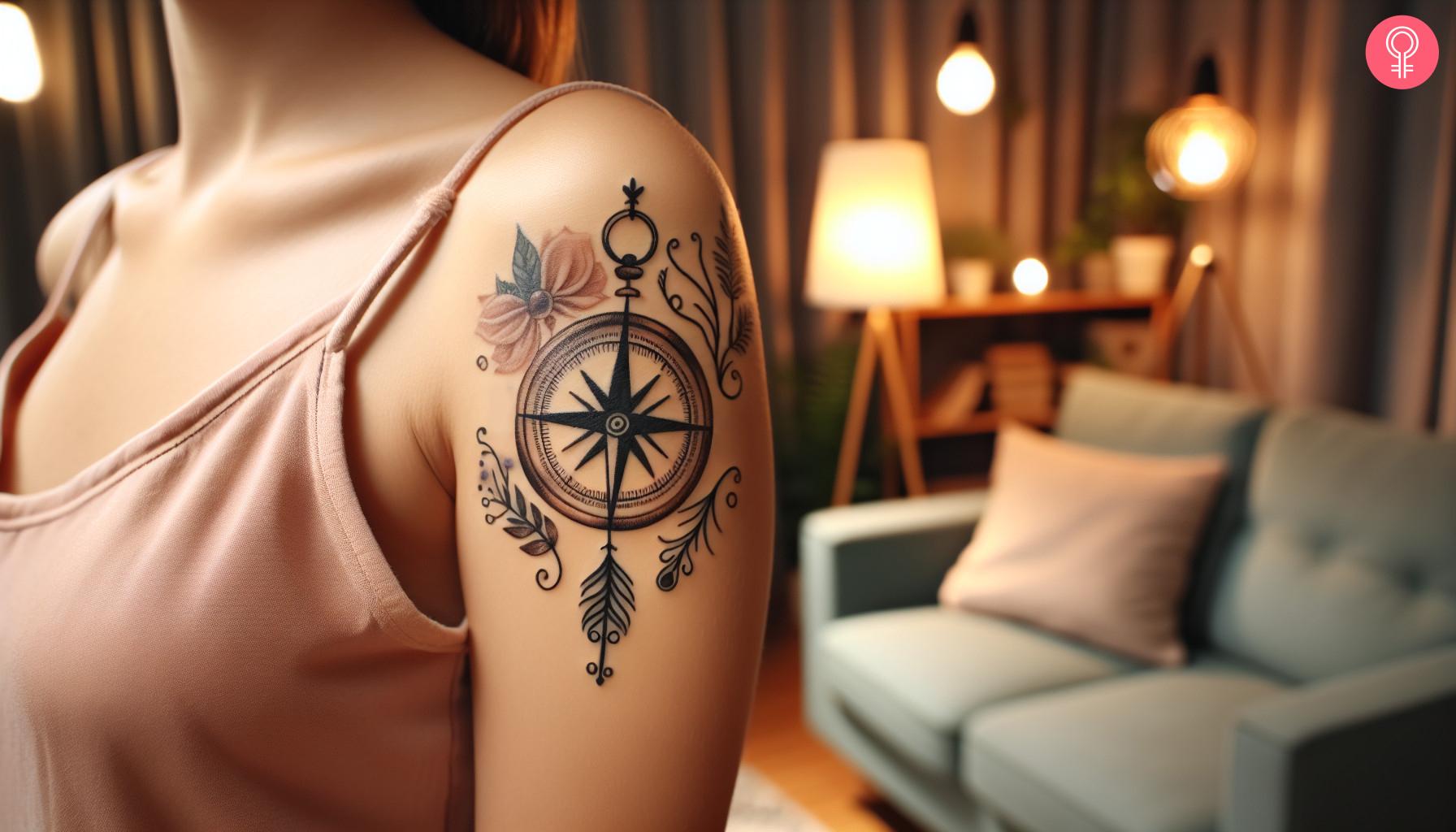 Whimsical feminine vintage compass tattoo on the shoulder.jpg