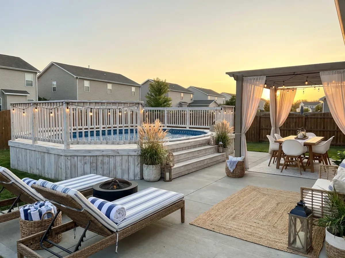 11 Coastal-Inspired Above Ground Pool Ideas Using White Wash Wood Decks 7 coastalinspired above ground