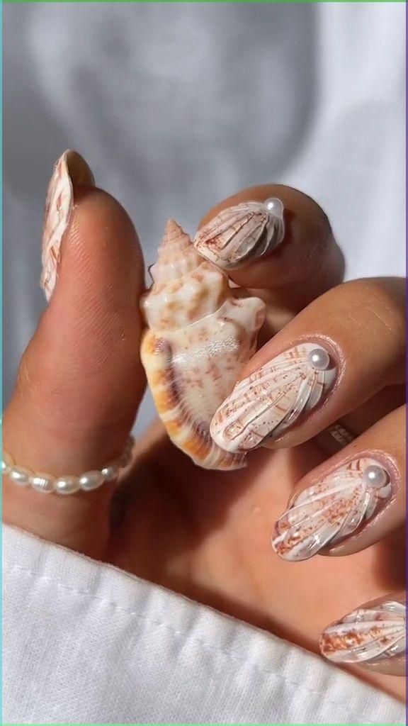 Shell Nails 2025 With 22 Stunning Summer Designs Inspired By Seashells, Pearls, 3d Textures And Ocean Art 3 shell nails 2025